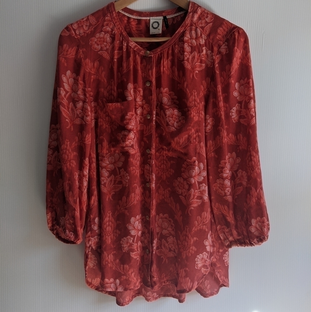 Anthropologie Akemi + Kin Red Sheer Floral Long Sleeve Blouse Size Small